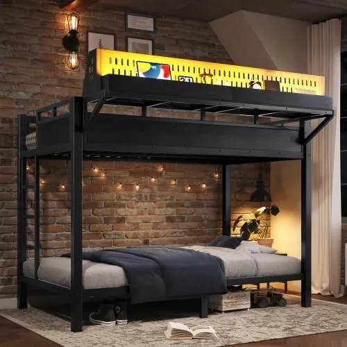 Bellemave Twin XL Bunk Bed Frame with Storage Shelves & Pegboard, Metal Bunk Bed Twin XL with USB Ports & LED Lights, Space-Saving for Bedroom,