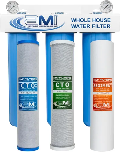 Applied Membranes Inc. Sistema de filtro de agua de 3 etapas para toda la casa con filtros de sedimentos y bloques de carbono de 20 pulgadas