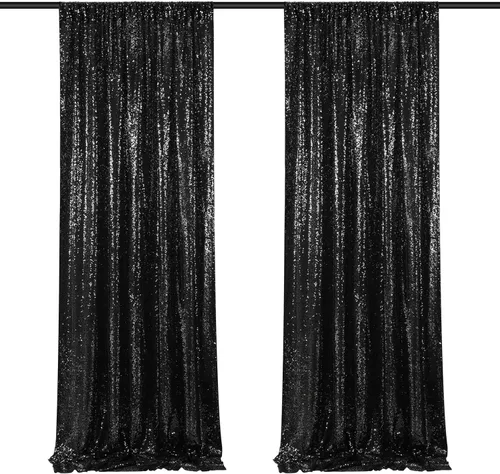 Cortinas de Fondo Negras con Lentejuelas para Fiestas 2 Piezas 2 pies x 8 pies, Cortina de Fondo para Fiestas, Telón de Fondo para Fotografías sin