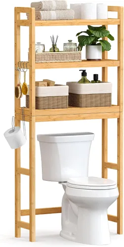 Miniatura 13 de SONGMICS Almacenamiento sobre el inodoro, organizador de baño de 3 niveles sobre el inodoro con estantes ajustables, ganchos, bambú, estantes