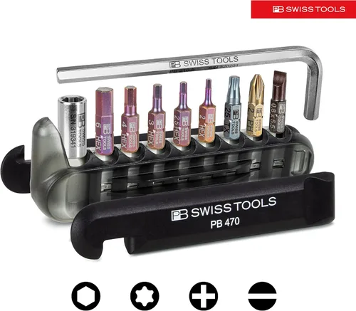 Miniatura 4 de PB Swiss Tools Multiherramienta para bicicleta PB 470 100% fabricada en Suiza, herramienta de bolsillo con brocas, llave Allen, adaptador de Negro