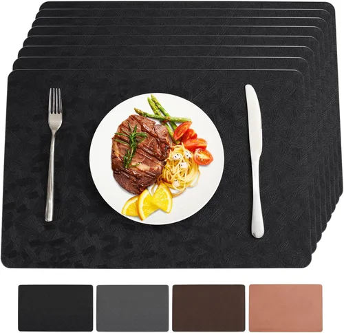 Miniatura 32 de Juego de 6 manteles individuales de vinilo, resistentes al calor, fáciles de limpiar, antideslizantes, para mesa de comedor, piel sintética, Negro