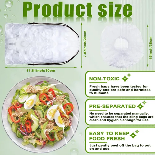 Miniatura 2 de Fumete 500 fundas elásticas reutilizables para almacenamiento de alimentos y 5 bolsas con cordón, transparente, blanco, material de polietileno
