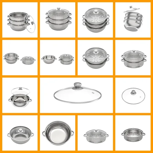 Miniatura 6 de Vaporizador de acero inoxidable de 3 niveles, 11 pulgadas (11.0 in) D para alimentos y verduras, utensilios de cocina con tapa de vidrio para cocina