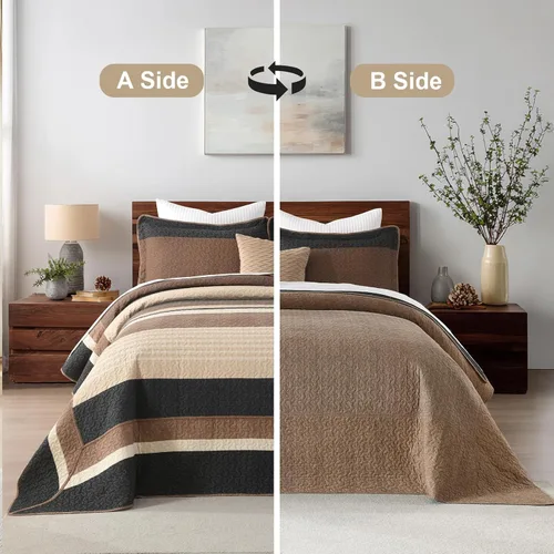 Miniatura 7 de Finlonte Colcha tamaño Queen, 100% algodón, cubrecamas de gran tamaño, tamaño Queen, color marrón carbón, beige, acolchado, a rayas, estilo granja