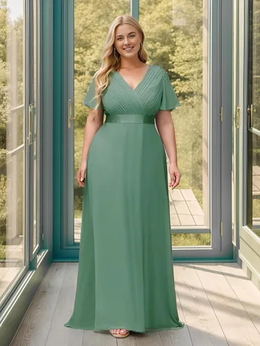 Miniatura 135 de Ever-Pretty Vestido formal para mujer, Navidad, Año Nuevo, cuello en V, gasa, talla grande, largo hasta el suelo, vestido de dama de honor
