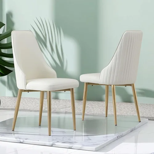 Montary Juego de 2 sillas de comedor, modernas sillas de piel sintética color blanco crema con patas de metal dorado y respaldo ergonómico para sala