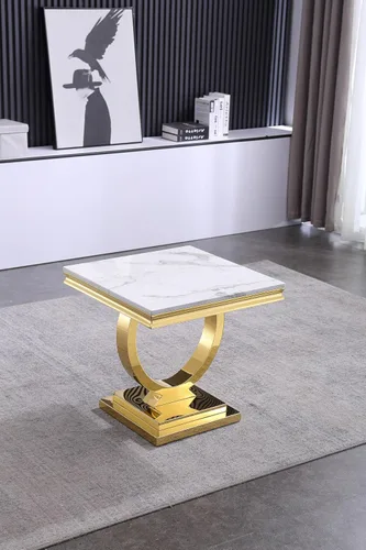 Miniatura 7 de Mesa auxiliar moderna de mármol sintético, mesa auxiliar de mármol sintético con marco geométrico, mesa central rectangular de mármol, mesa de té
