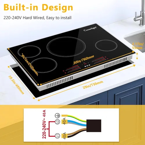 Miniatura 2 de Placa de inducción de 30 pulgadas, placa de cocina eléctrica de 4 quemadores con 9 niveles de potencia, control táctil, temporizador, bloqueo