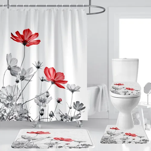 Miniatura 19 de Cortina de ducha de 72" x 72" con flores grises y rosas, gris y blanco, flores silvestres, margaritas, plantas, pintura de tinta, botánica