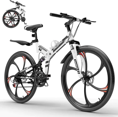 Miniatura 14 de Max4out Bicicleta de montaña plegable de 26 pulgadas, bicicleta de suspensión completa de 21 velocidades, freno de doble disco, neumático