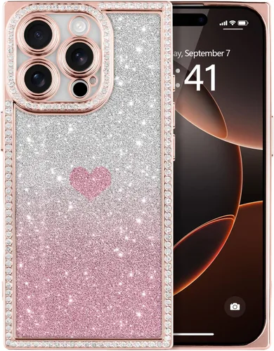 Miniatura 60 de Funda para iPhone 13, funda de diamantes de imitación de lujo con patrón de corazón de amor de cristal [papel con purpurina extraíble], parachoques