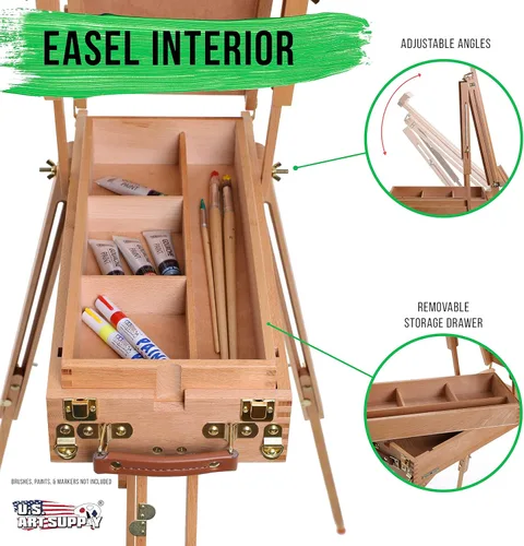 Miniatura 3 de U.S. Art Supply Coronado - Caballete pequeño de madera estilo francés para campo y estudio, caballete de arte para adultos, cajón, paleta, soporte