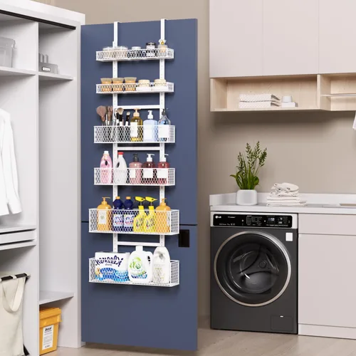 Miniatura 9 de Bunoxea Organizador de despensa de 6 niveles para colgar sobre la puerta, estante de especias colgante con cesta ajustable, estantes para colocar