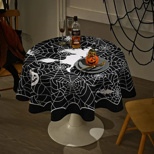 MikiUp Mantel redondo de Halloween, mantel decorativo de tela de araña, impermeable y lavable, para fiestas, cocina, comedor, interiores,