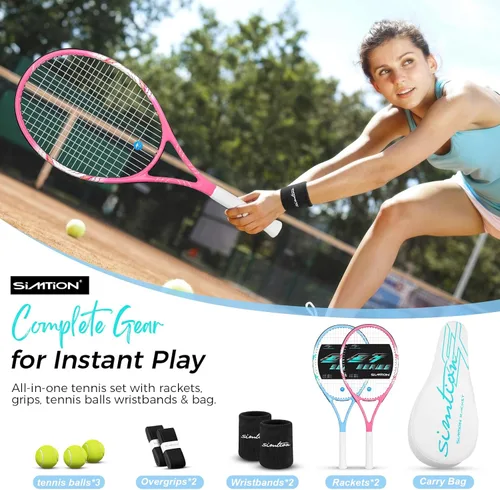 Miniatura 2 de Juego de raquetas de tenis de 27 pulgadas, raquetas de tenis preencordadas para 2 jugadores para adultos, 2 cintas de sobreagarre, 3 pelotas, 2 Rosa