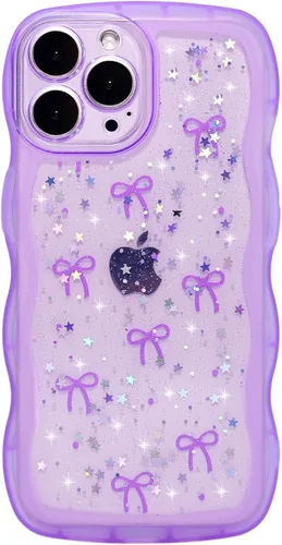 Miniatura 11 de Qokey Funda para iPhone 12 Pro Max de 6.7 pulgadas, diseño de onda rizada, borde transparente, brillante con purpurina, estrella brillante, bonita