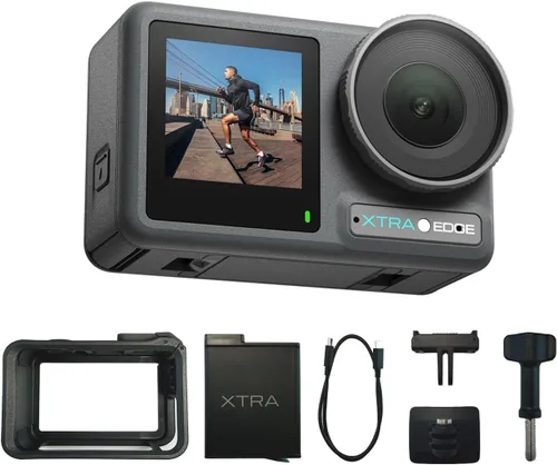 Cámara de acción Xtra Edge, sensor de 1/1.3" y video cinematográfico 4K, hiper estabilización, cámara impermeable hasta 52 pies, batería de 3 horas,