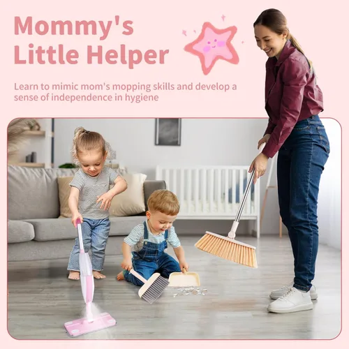 Miniatura 6 de Trapeador con atomizador para niños, juego de limpieza de mopa para niños, juego de mini trapeador de trabajo real y recogedor de escoba para niños