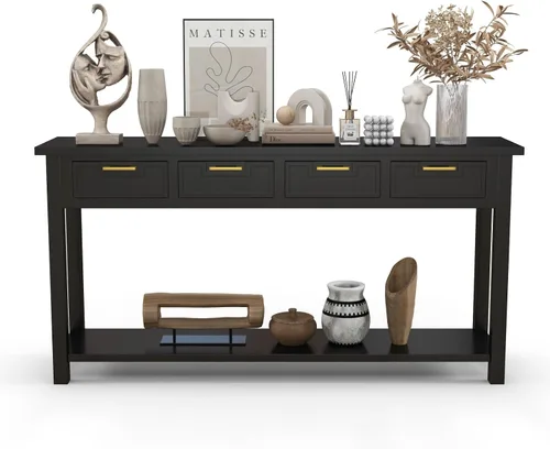 Miniatura 10 de Mesa consola con cajón, mesa de entrada larga estrecha con estante inferior para pasillo, entrada y sala de estar, color negro