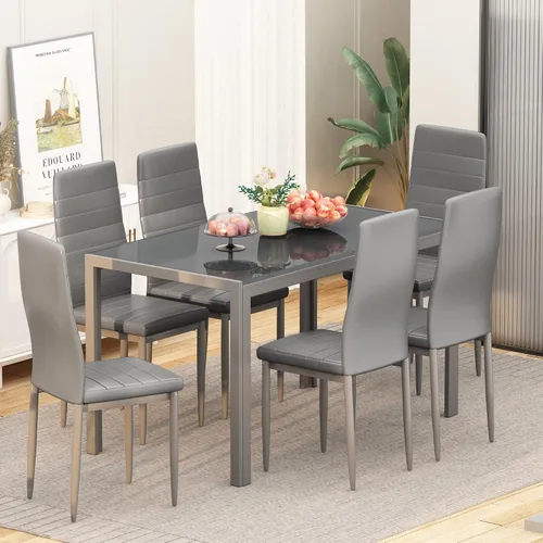 Miniatura 2 de Recaceik Juego de mesa de comedor de 7 piezas para 6, mesa de cocina de vidrio templado y sillas de cuero PU, juego de mesa de comedor moderno