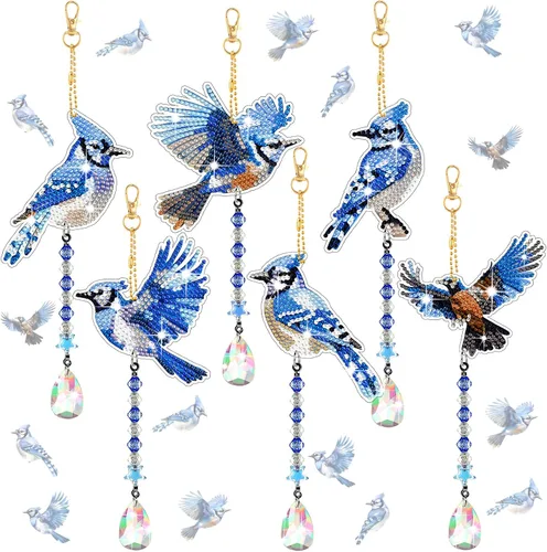 Juego de 6 carillones de viento de cristal con diseño de Jay azul con diseño de diamantes 5D, adornos azules de invierno, adornos de Jay de doble