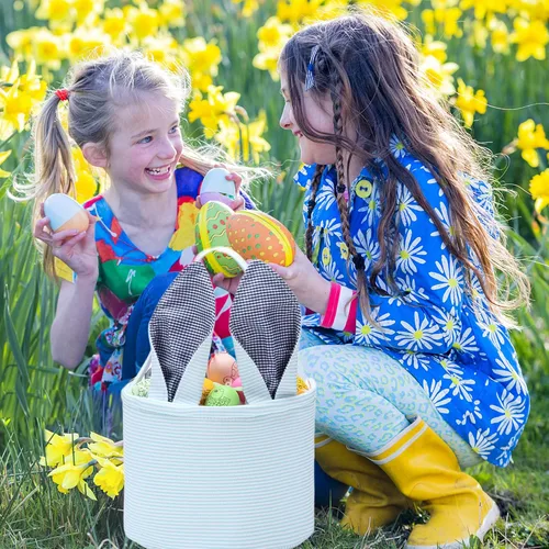 Miniatura 5 de Cesta de Pascua de sirsaca para niños con lindas orejas de conejo a rayas, regalos de almacenamiento de caramelos, regalos personalizados