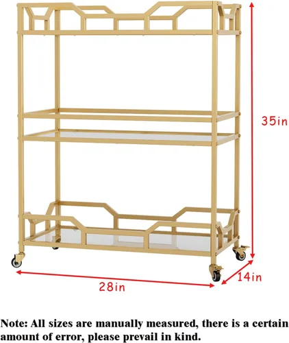 Miniatura 3 de Carritos de Bar Cuadrados de Oro con 3 Niveles de Almacenamiento con Estantes de Vidrio para el Hogar, Carritos de Servicio con Ruedas para Cocina