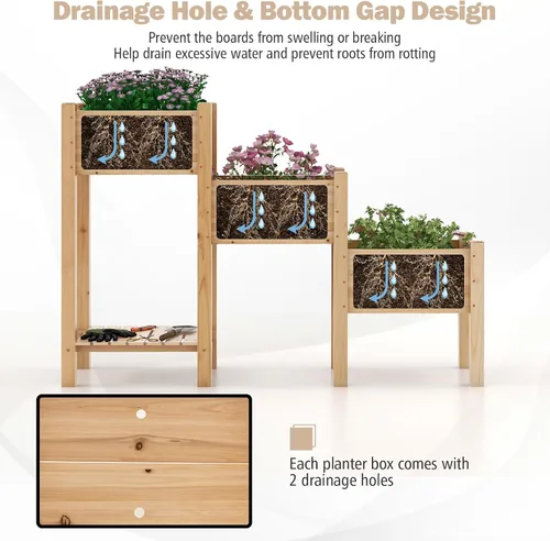 Miniatura 4 de Giantex Juego de 3 camas de jardín elevadas, jardinera de madera con estante de almacenamiento, camas elevadas para frutas, verduras, flores, Natural