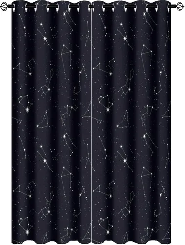 Miniatura 13 de Cortinas de Constelación, Arte Moderno Abstracto Patrón de Símbolos de Constelación Galaxia Negra Blanca, Tratamientos para Ventanas con Aislamiento