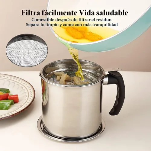 Miniatura 4 de Kyraton Contenedor de Grasa de Tocino con Colador, Recipiente de Aceite de Acero Inoxidable de 48 oz, Recipiente de Grasa de Olla con Tapa, Mango