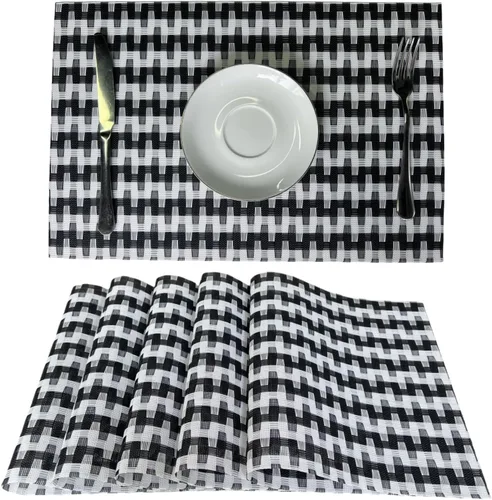 Miniatura 11 de Mantel individual de vinilo tejido duradero, lavable, resistente al calor, antideslizante, para cocina, comedor (juego de 4, azul con blanco)