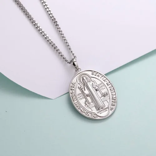 Miniatura 3 de WIOY Collar de medalla de San Benito de plata de ley 925 regalo de joyería católica de San Benito para hombres y mujeres