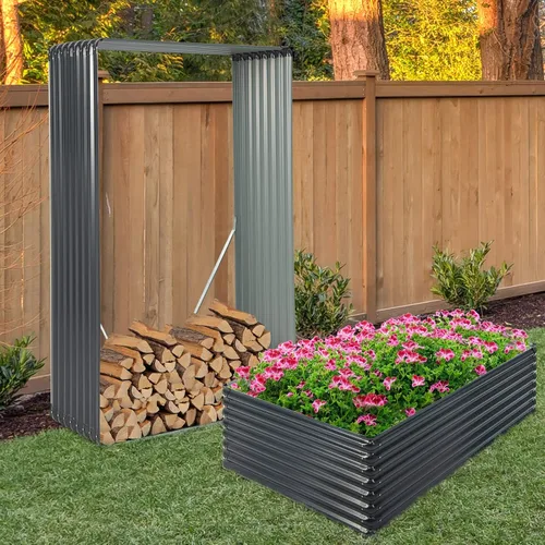 Miniatura 7 de Giantex Cama de jardín elevada galvanizada, 70.5 x 44 x 20.5 pulgadas, jardinera de metal y estante para leña, maceta rectangular grande de acero