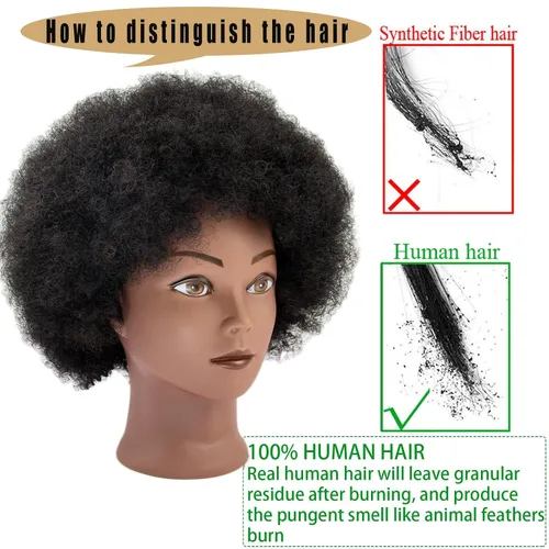 Miniatura 6 de Cabeza de maniquí afro rizado 100% cabello humano real, (10 pulgadas) negro para trenzado manual, práctica de peinado, peluquería, escuela, maniquí