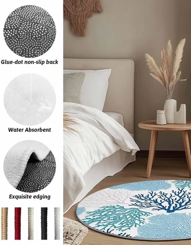 Miniatura 7 de Alfombra redonda azul océano coral de 3 pies, lavable para interiores, dormitorio, cocina, baño, sala de estar, comedor, lavandería, oficina, área +