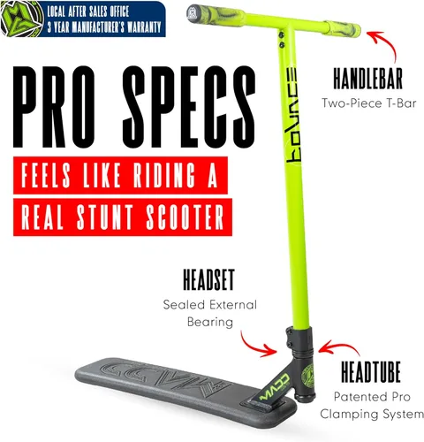 Miniatura 2 de Patinete de Trampolín Pro Madd Gear para Trucos – Tubo de Dirección Real, T-Bar Pro, Plataforma de Espuma – Práctica de Acrobacias Interior y Verde