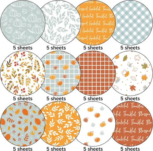 Miniatura 3 de Whaline 60 piezas de papel con patrón de otoño, hojas de otoño, calabaza, a cuadros, ondas, papel para manualidades, naranja, azul, hojas A5