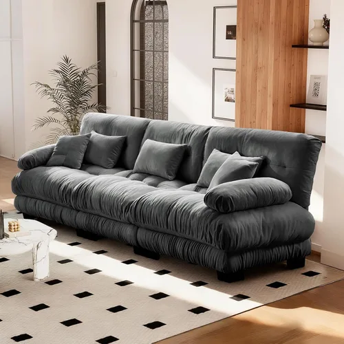 Miniatura 13 de Reposapiés Otomano Tapizado de Terciopelo con Cojín para Sofá Seccional Sofá 300 libras para Sala de Estar (Beige)
