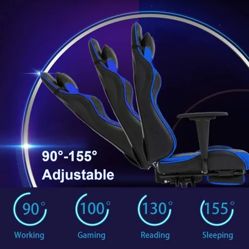 Miniatura 7 de Silla de juegos con reposapiés y soporte lumbar, silla reclinable de altura ajustable con respaldo alto para adultos, giratoria 360, color azul