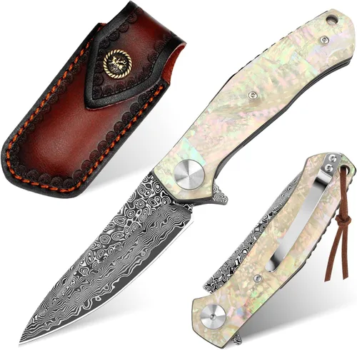 Miniatura 10 de Benkey - Navaja de bolsillo de acero de Damasco con funda de cuero con clip, cuchillo plegable con núcleo VG10 afilado, EDC con bloqueo