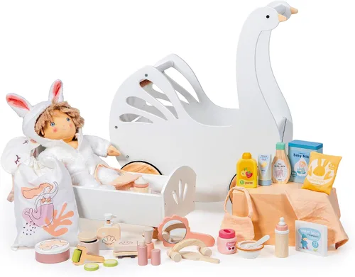 Miniatura 9 de Tender Leaf Toys - Sweet Swan Pram - Cochecito de madera con forma de cisne - Juguete inspirado para juegos de rol para niños y niñas, mejora