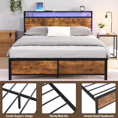 Miniatura 7 de Base de cama de plataforma de metal de tamaño matrimonial con cabecero y estribo de madera con luces USB y LED, no necesita somier, gran