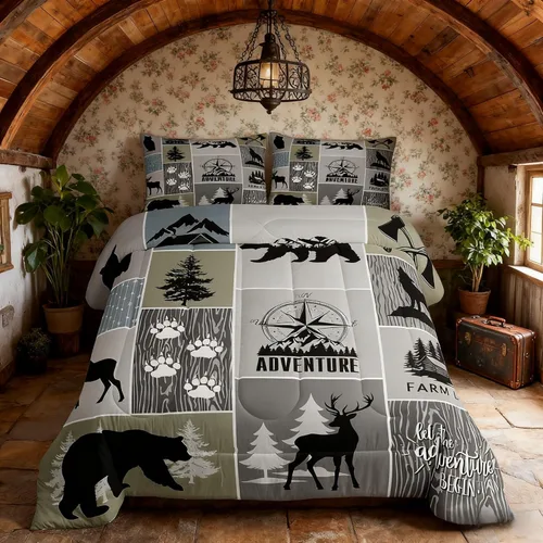 Miniatura 221 de Juego de edredón de cuernos de ciervo tamaño individual, juego de ropa de cama rústica de granja con huellas de oso y pinos para decoración