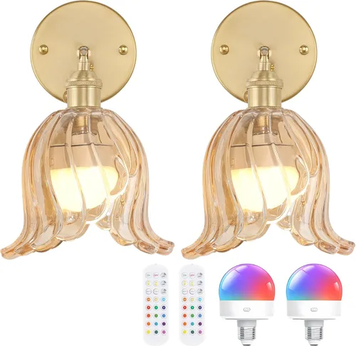 Miniatura 28 de Shenmoyl Juego de 2 apliques de pared vintage con pantalla de vidrio a rayas ámbar, apliques de latón ajustables de 180 grados, con cable de Raya