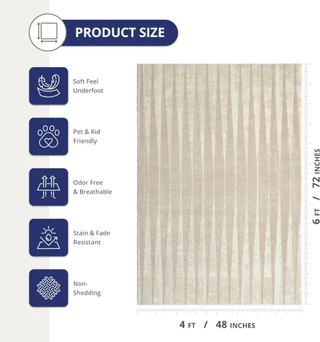 Miniatura 2 de Abani Terra - Alfombra color crema de 4 x 6 pies para sala de estar, dormitorio, patrón de líneas verticales, duradera y fácil de limpiar