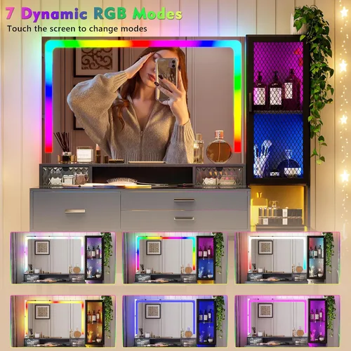 Miniatura 4 de Lvifur RGB Escritorio de Tocador - con Espejo y Luces, Juego de Mesa de Tocador con 7 Luces Dinámicas y 24 Estáticas Atenuables con Estación