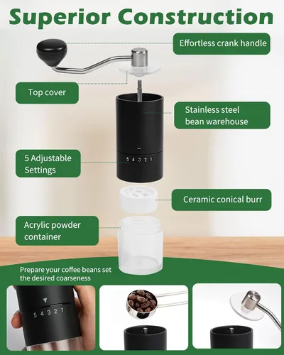Miniatura 5 de Molinillo de café manual con rebabas de cerámica para expreso, prensa francesa, 5 ajustes ajustables, molinillo de café de mano, para uso doméstico
