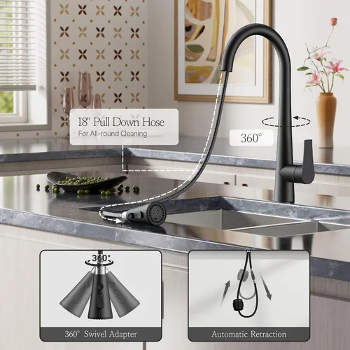 Miniatura 4 de FORIOUS Grifo de cocina negro alto con rociador extraíble, grifo clásico de acero inoxidable de arco alto para fregadero de cocina, mango único, 3