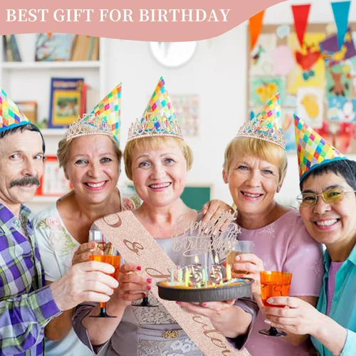Miniatura 7 de Decoraciones de cumpleaños de 55 años para mujer, que incluyen banda, tiara, velas numéricas y adorno para pastel; regalos de cumpleaños de 55 años